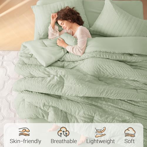 Image of MUXHOMO 7 Pieces King Comforter Set, Seersucker Bed in a Bag King Size, All Season Luxury Bedding Set with Comforter, Flat Sheet, Fitted Sheet, Pillowcases & Shams, Light Green