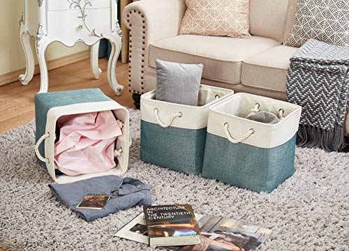 Image of DECOMOMO Cube Storage Organizer Bins | Box Storage Cube Basket with Handles Fabric Cloth Bins for Organizing Shelf Nursery Home Closet (Green & White, 13 x 13 x 13 inch - 3 Pack)
