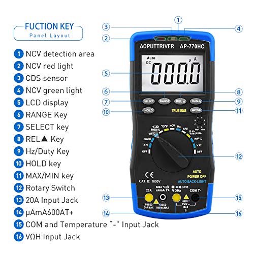 Digital Multimeter 770Hc 6000 Counts True Rms Auto Range,With Data Hold,Ncv Function,Temperature Measure,Frequency,Resistance,Continuity,Capacitance,Diode Test,Multi Tester With Backlit Lcd(Blue) #TOP1