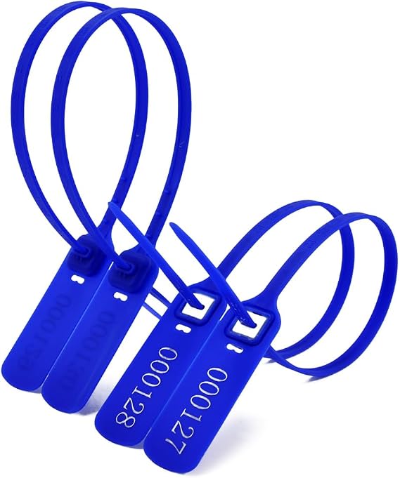 Heavy Duty Plastic Security Seals, Numbered, Tamper Evident, One Time Use, Logistics & Cargo, 100 PCS (Blue, 400 mm x 15.8 mm)