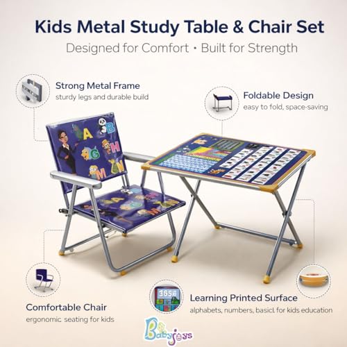 Image of Ultimate Kids Study Table and Chair Set | Foldable Metal Frame Study Desk for Kids | Portable Table Chair for Study, Homework, Drawing & Learning | Strong Children Desk (Blue)