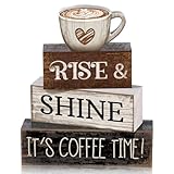 Moucuny 4 Pcs Farmhouse Coffee Bar Sign Decor Wooden Cup Rise & Shine It's Coffee Time Rustic Wood Cafe Sign Gift for Home Kitchen Tabletop Decor