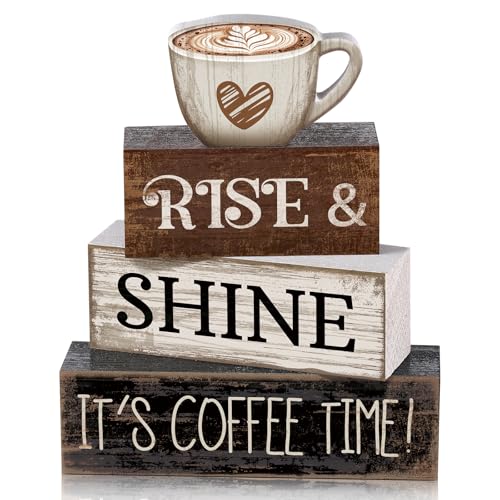 Image of Moucuny 4 Pcs Farmhouse Coffee Bar Sign Decor Wooden Cup Rise & Shine It's Coffee Time Rustic Wood Cafe Sign Gift for Home Kitchen Tabletop Decor
