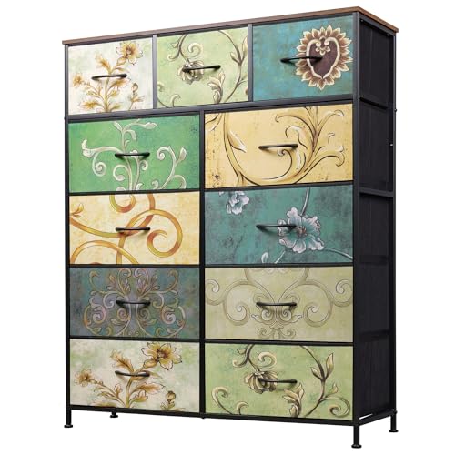 GALAXHERO Tall Console Table with 11 Fabric Drawers, Entryway Table with Storage, Tall Storage Organizer with Wood Top, Steel Frame for Living Room, Hallway, Office, Floral Painted