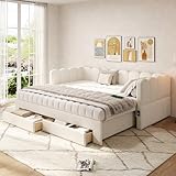BTM Upholstered Daybed with 2 Drawers and USB port, Sofa Bed, Daybed 3ft-90x190cm extendable to 180 cm, Beige Linen, No Mattress