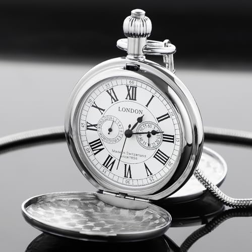 Image of Copper Pocket Watch Train Railroad Steampunk Mechanical London Hand Wind Double Case Mens Watches with Chains & Boxs Christmas Graduation Birthday Gifts Fathers Day(Silver)