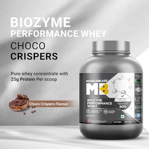 Image of MuscleBlaze Biozyme Performance Whey Protein Powder, Choco Crispers (2kg / 4.4lbs) & Micronised Creatine Monohydrate CreAMP, Unflavoured (32 Servings, 100g) | Combo Pack