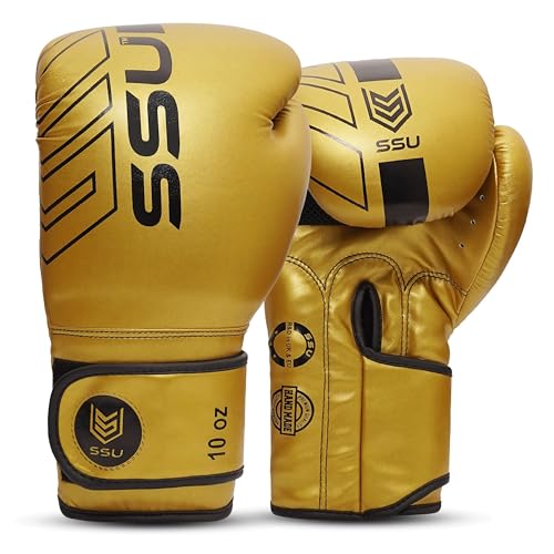 SSU Guantes de boxeo prémium de 10 onzas para hombres y mujeres, adultos, bolsa pesada, sparring y entrenamiento, Muay Thai, MMA, guantes de boxeo de cuero con bolsa (dorado)
