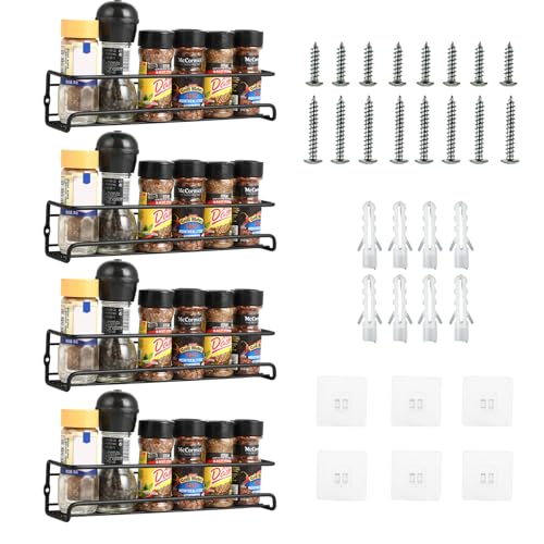 Wall Spice Rack – 4 Metal Spice Organiser – No Drilling – Self-Adhesive Spice Rack – Con 8 Self-Adhesive and Screws for Spice Jars – Hanging for Kitchen Rack