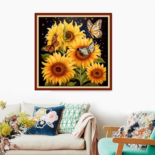 Image of Foxdiviy Stamped Cross Stitch Kits Full Range of Embroidery Needlework Starter Kits for Beginners Adults 11CT Embroidery Patterns Art Crafts DIY Needlepoint Kits-Butterfly Sunflower 18x18 inch