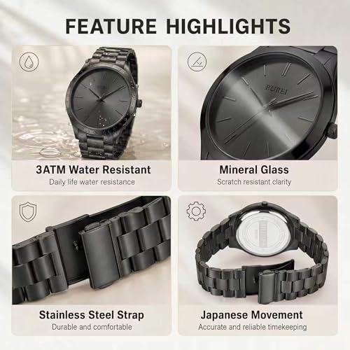 Image of BUREI Men's Wrist Watch, Analog Stainless Steel Dress Waterproof Quartz Watch for Men with Japanese Movement,Refined Gifts for Men, Boyfriend, Husband, Dad