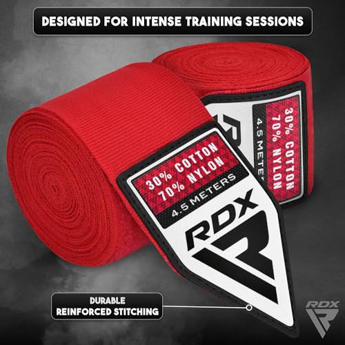 Image of RDX Boxing Hand Wraps 4.5M / 180 Inches - Mexican Style Semi-Elastic MMA Inner Gloves - Wrist Support for Muay Thai, Kickboxing, BJJ, Karate - Thumb Loop & Hook and Loop Closure - Cotton & Nylon Blend