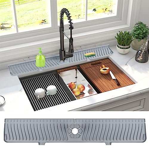 Image of Derlights 30 inch Sink Splash Guard Mat,Silicone Faucet Handle Drip Catcher Tray, Longer Silicone Sink Mat for KitchenBathroom, Drip Protector Splash Countertop (gray)