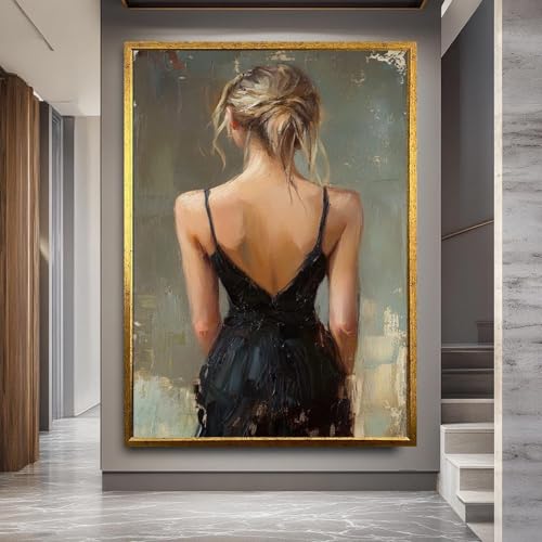 Tableau sur toile peinture huile portrait femme élégante robe noire affiche chambre
