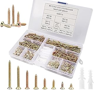 420PCS Screws and Wall Plugs Set Drywall Screws, Zinc Plated M3 Coarse Thread Self Drilling Wood Screw Flat Head Concrete Screws