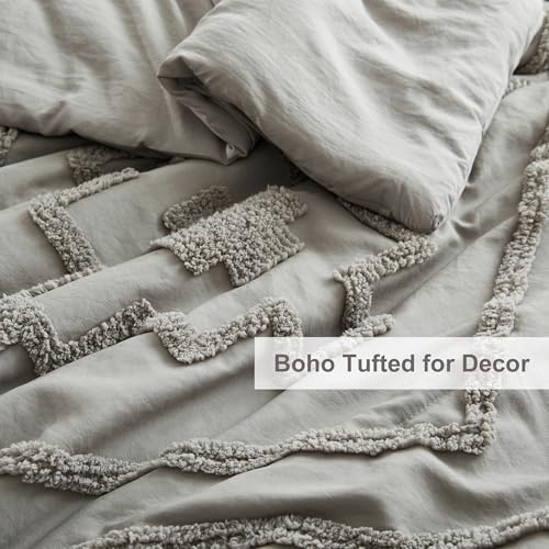 Image of Oli Anderson Boho Tufted Comforter Set Queen Size, 3 Pcs Soft Jacquard Bedding Set for All Seasons, Shabby Chic Farmhouse Bedding Set with Comforters for All Seasons (Grey, Queen)