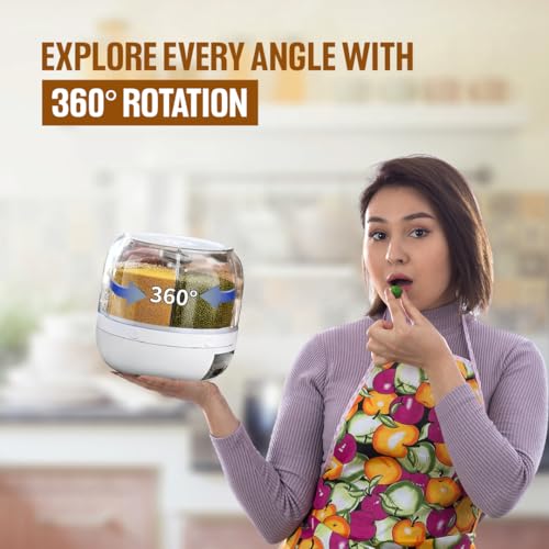 Image of MYOZ 6-Grid Round Food Dispenser | 360 Rotating Transparent Grain Storage Container | Rotatable Dry Food Fruit Cereal Storage Box Container with Lid for Home and Kitchen (White)