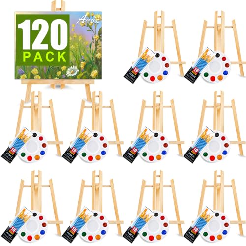 Image of AROIC 120 PCS Painting Supplies Set with 10 PCS Wood Easels, 10 Packs of 100 Brushes with Nylon Brush Head and 10 PCS Palettes, Tabletop Wooden Art Easel for Adults Sip and Paint Party