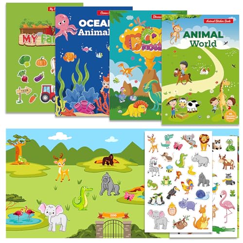 OWill 4 Pezzi Stickers Bambini Attacca Stacca,Adesivi per Bambini con Oceano,Dinosauri, Animali,Fattoria in Libro Stickers,Sticker Riutilizzabili 2 3 4 5 6 Anni Sticker Book Regalo