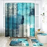 ArtSocket 4 Pcs Shower Curtain Set Green Blue Grey Abstract Painting Gray Vintage Retro with...