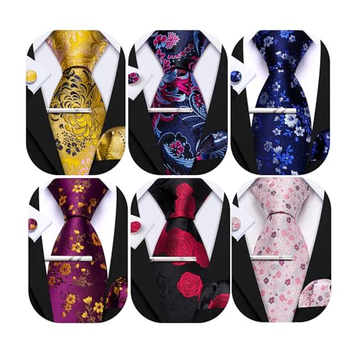 Image of Barry.Wang 6 PCS Men Ties Set Silk Business Fashion Woven Necktie Handkerchief Cufflinks Paisley Stripe Wedding Party