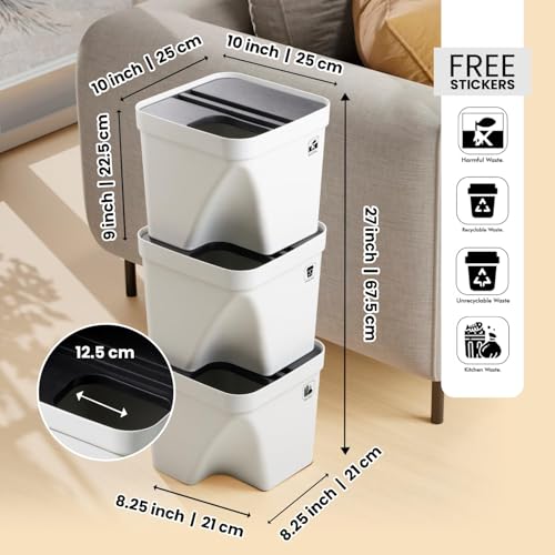 Image of 10L Dustbin with Lid | White | Pack of 3 | Multipurpose Garbage Bin for Kitchen, Home & Office | Wet & Dry Waste Basket for Food Waste, Recycling & Indoor Outdoor Use