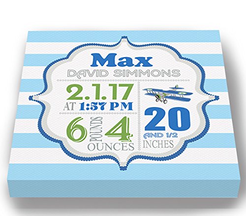 Personalized Stretched Canvas Birth Announcement Gift, Custom Baby Name, Date, Weight Stats, Newborn Airplane Nursery Wall Art Decor, Wooden Frame Construction, Ready to Hang 16X16