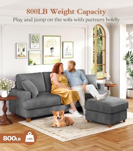 Image of Kidirect 87in L Shaped Couch, Modular Sofa No Tool Assembly, Comfy Sectional Couches for Living Room 21in Deeper Seats, Corduroy Sofas for Living Room with 2 Pillows, Loveseat Sofa Set, Grey Couch