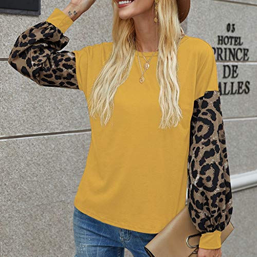 YAnGSale Top Womens Leopard Blouse Casual Loose Sweatshirt Patchwork Pullover Long Sleeve Shirt O-Neck Tee Tops (Yellow, L)
