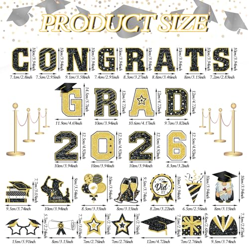 Image of Landhoow 30 Pcs Graduation Car Magnets 2026 Senior Graduation Car Decoration Bumper Sticker Congrats Grad Magnet Magnetic Refrigerator Decal for Grad Parade Party Supplies(Black, Gold)