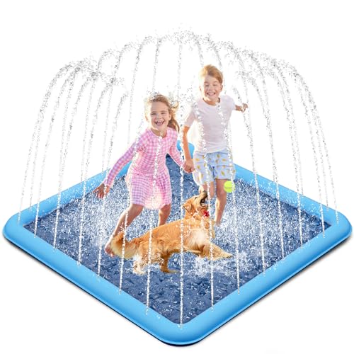 Raxurt Splash Pad, 72\" Non-Slip Splash Pad for Kids and Dogs, Thickened Durable Square Dog Pool with Sprinkler Summer Outdoor Water Toys for Toddler Girls Boys Children Pet (Blue)