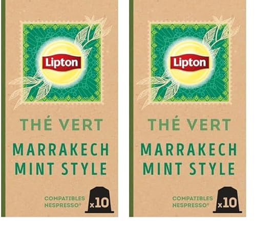 Lipton Thé Vert Marrakech Mint, 10 Capsules Compatibles Nespresso, Antioxydant et Parfumé, Menthe Fraîche et Délicate, Label Rainforest Alliance, x10 Capsules (Lot de 2)