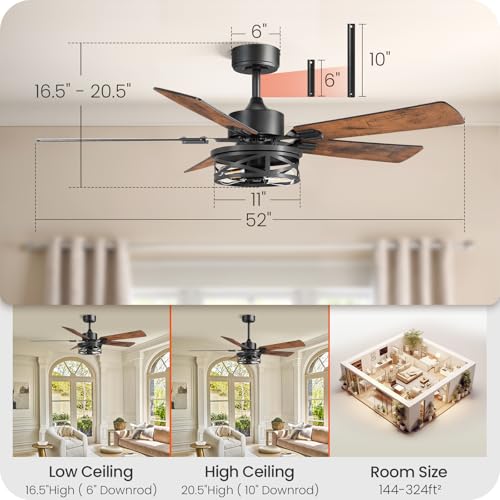 Image of 52 Inch Farmhouse Ceiling Fan with Lights and Remote, Timer, Dual Finish 5 Blades (Walnut and Black), 6 Speeds, Reversible DC Motor, Rustic & Industrial Caged Ceiling Fan for Bedroom ZB01CF05