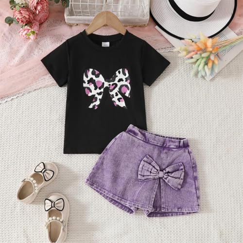 Image of Azmxynol Kid Girls Clothes Outfits Bowknot T-Shirt + 2 In 1 Denim Short Skort Summer Clothing Set, Size 4-10 Years