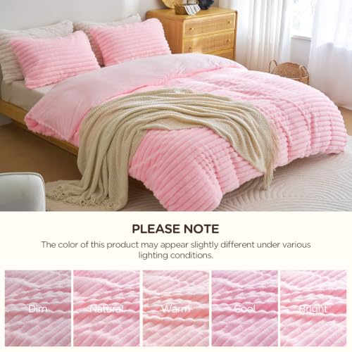 Image of Besfunny Pink Fluffy Comforter Cover Queen Size ,Plush Striped Bedding 3pcs Set(1 Queen Size Fuzzy Duvet Cover+2 Fur Pillow Cases ) Faux Fur Luxury Bed Set (Pink, Queen)