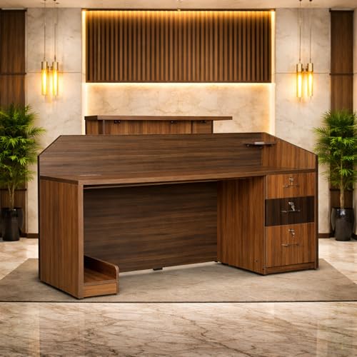 Image of Reception Desk for Office, Hotel, Clinic, Salon, Spa, Studio Commercial Lobby | Luxury Particle Board Reception Counter Table with Wooden Finish Front Design-(RCT-020 LPB L6W2)