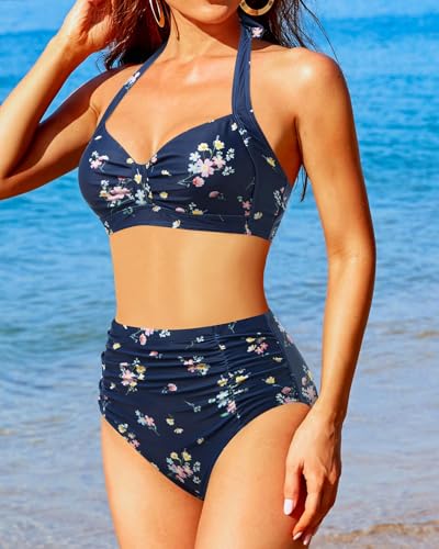 Image of Holipick Women High Waisted Bikini Set Two Piece Swimsuit Tummy Control Bathing Suit Vintage Halter Swimwear
