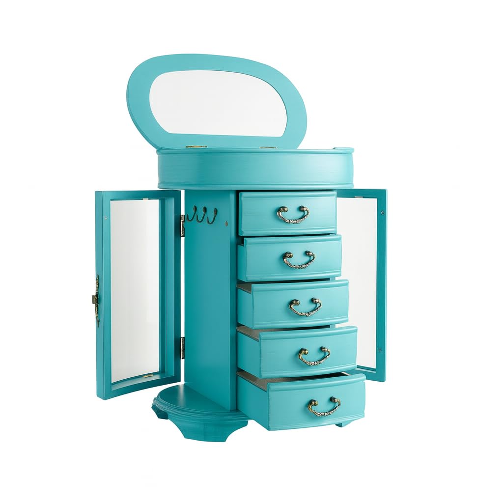 Hives & Honey Daphne Oval Glass Turquoise Jewelry Chest Jewelry Organizer Box Case Mirrored Storage