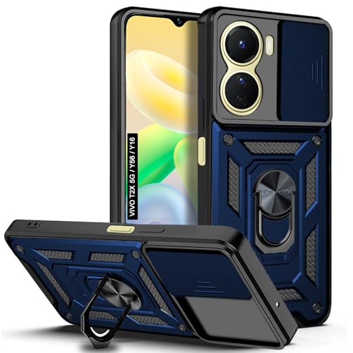 Image of AESTMO Tough Armor Vivo T2X 5G / Y56 5G / Y16 Bumper Back Case Cover | Ring Holder & Sliding Camera Shield Cover | 360 Degree Protection Back Case Cover for Vivo T2X 5G / Y56 5G / Y16 (Blue)