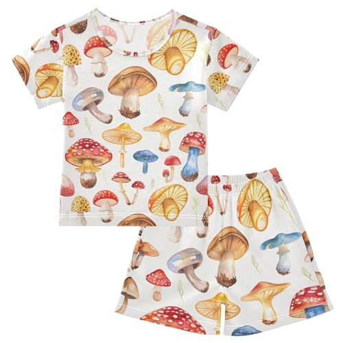 ALAZA Red Blue Yellow Mushroom Pajamas Short Sleeve 2 Piece Sleepwear Top and Bottom Pajama Set Unisex