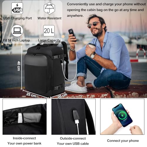 Handgepäck für Ryanair 40x20x25 Klein Handgepäck Rucksack für Flugzeug 20L Reiserucksack für Herren und Damen mit USB Ladeanschluss Reisetasche 14 Zoll Laptop Rucksack, Schwarz