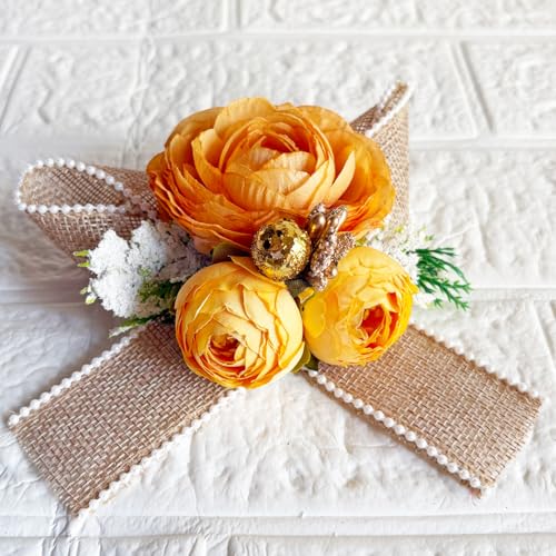 Image of ADIKALA Handmade Artificial Big Peonies 3 Flower Bunch for Trousseau Packing, Ready to use Flower Brooch Hamper for Decoration, Gift Wrapping Flowers (3, Orange Jute)