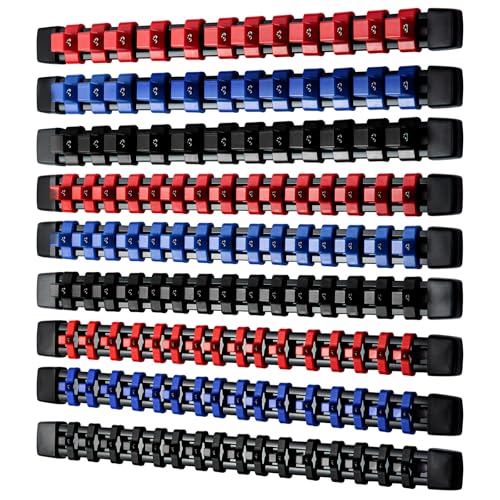 Trintion 9-Piece Socket Organizer Rail System with 1/4, 3/8, 1/2-Inch Holders, Steel Ball Clips Rack (Blue and Red)