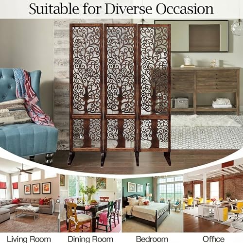 Image of Wooden Room Partition /Screen /Room Divider /Room Separator Traditional Handicrafts 6Ft (Dark Brown) (Tree 3 Panel with Stands)