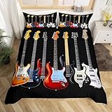 Guitar Printed Bedding Set Teens Rock Music Themed Duvet Cover for Kids Children Adults Colorful Musical Pattern Comforter Cover Hip Hop Stripe Style Bedspread Cover Bedroom Decor 3Pcs Queen Size