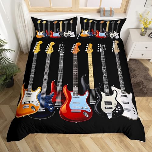 Guitar Printed Bedding Set Teens Rock Music Themed Duvet Cover for Kids Children Adults Colorful Musical Pattern Comforter Cover Hip Hop Stripe Style Bedspread Cover Bedroom Decor 3Pcs Queen Size