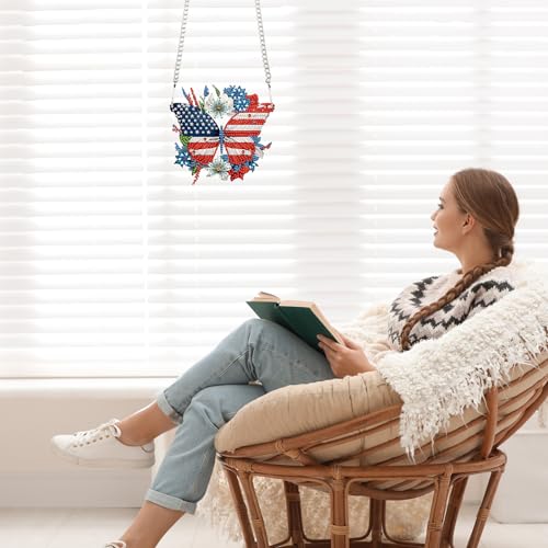 Image of 4th of July Diamond Painting Hanging Ornament Kit, Patriotic American Flag Butterfly Wreath DIY Diamond Art Acrylic Pendant, Diamond Painting Kit for Adults Independence Day Home Window Wall Decor