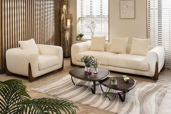 Image of Boucle Fabric Modern Design Sofa with Pillow or Strong Woden Legs Best for Living Room, Halways, Garden (3+1 Seater)