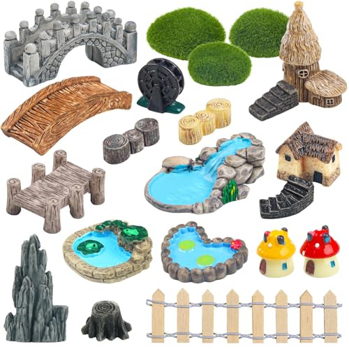 21 Pcs Fairy Garden Miniatures Accessories Bridge House Landscape...