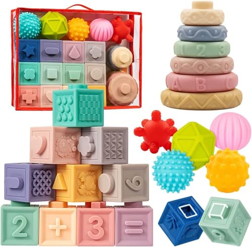 EzyWay 24 Pack 3 in 1 Montessori Toys for Babies 0-3-6-12 Months Soft Baby Teething Toys Stacking Building Blocks for Infants Sensory Developmental Education Toy